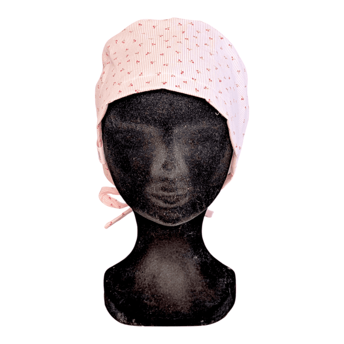 Calot médical Cerises en Fête – petites cerises rouge fuchsia fond rayé rose blanc – cousu main Norm