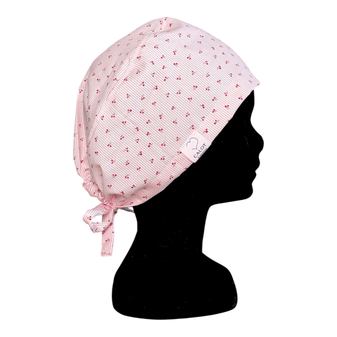 Calot médical Cerises en Fête – petites cerises rouge fuchsia fond rayé rose blanc – cousu main Norm