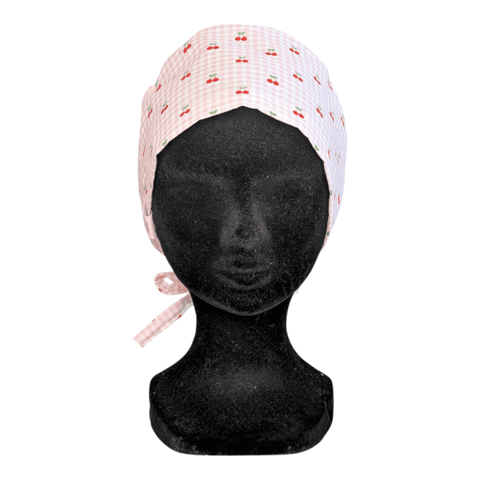 Calot médical Cerises vichy – petites cerises rouge fuchsia fond vichy rose blanc – cousu main Norma