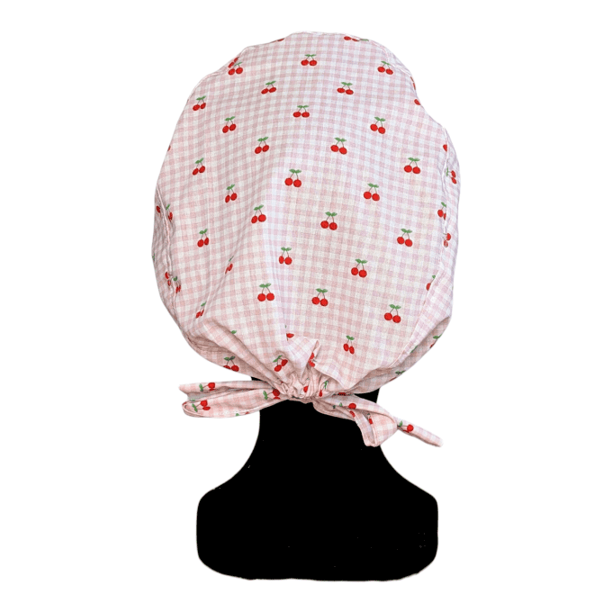 Calot médical Cerises vichy – petites cerises rouge fuchsia fond vichy rose blanc – cousu main Norma