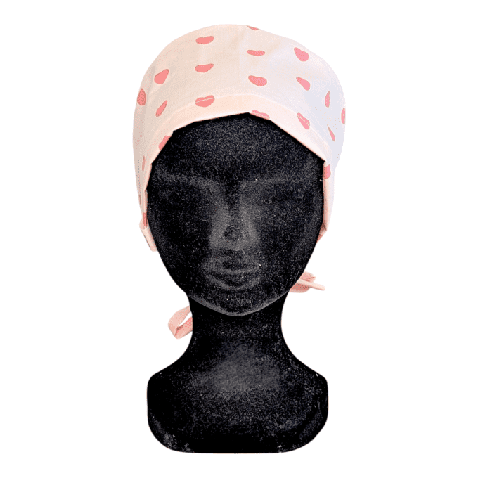 Calot médical Cœurs Rose Poudré – cœurs rose corail fond pêche pastel – cousu main Normandie