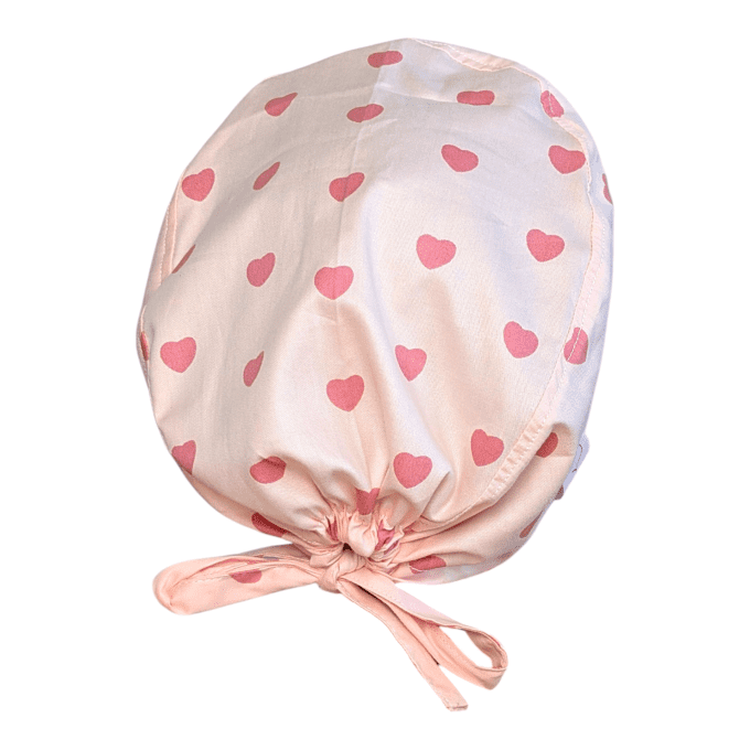 Calot médical Cœurs Rose Poudré – cœurs rose corail fond pêche pastel – cousu main Normandie