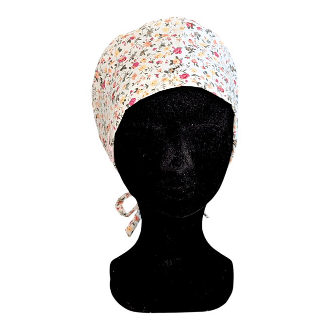 Jardin Fleuri – petites fleurs roses pêche jaune style liberty fond crème – cousu main Normandie