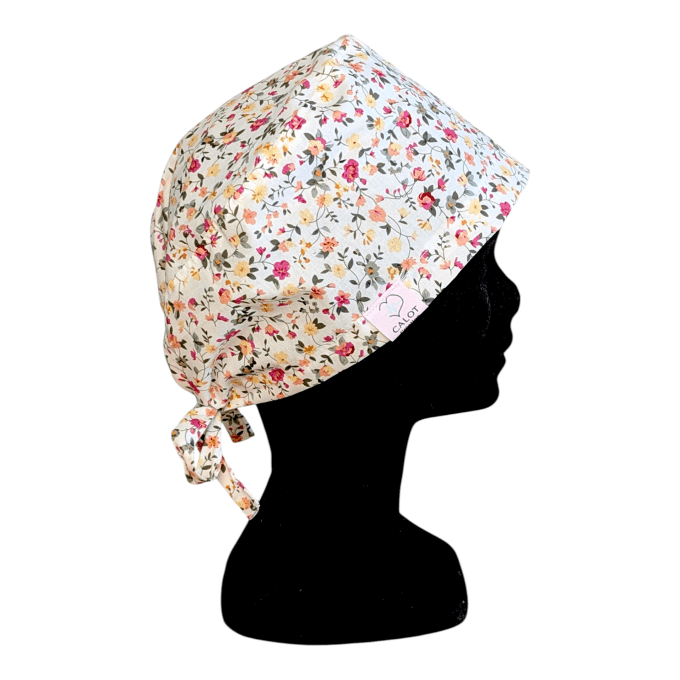 Jardin Fleuri – petites fleurs roses pêche jaune style liberty fond crème – cousu main Normandie