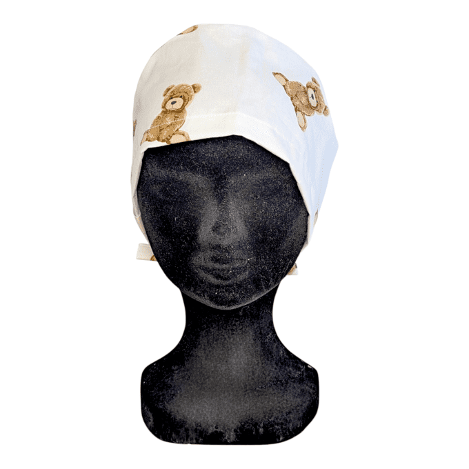 Calot médical Nounours Câlin – oursons caramel fond blanc – cousu main Normandie