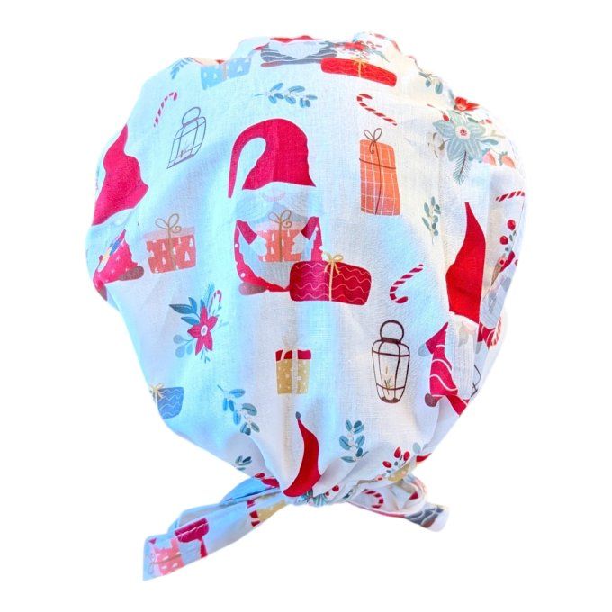 Calot médical Père Noël malicieux – Pères Noël à bonnet rouge, cadeaux et sucres d'orge sur fond bla