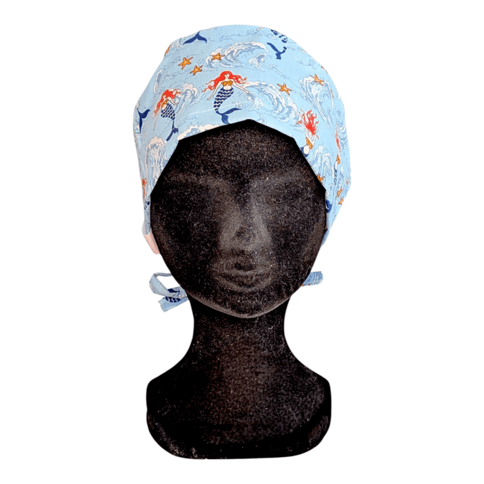 Calot médical Sirènes des Océans – sirènes rousses vagues étoiles de mer fond bleu – cousu main Norm