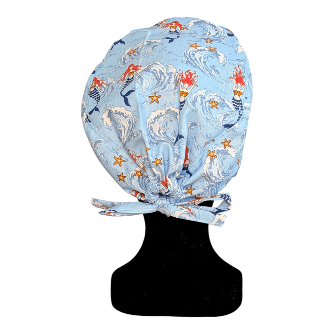 Calot médical Sirènes des Océans – sirènes rousses vagues étoiles de mer fond bleu – cousu main Norm