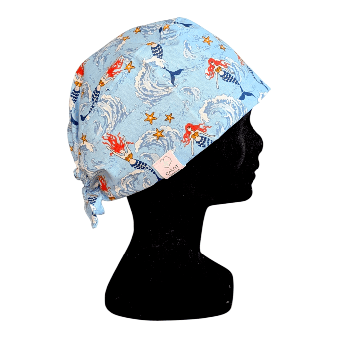 Calot médical Sirènes des Océans – sirènes rousses vagues étoiles de mer fond bleu – cousu main Norm