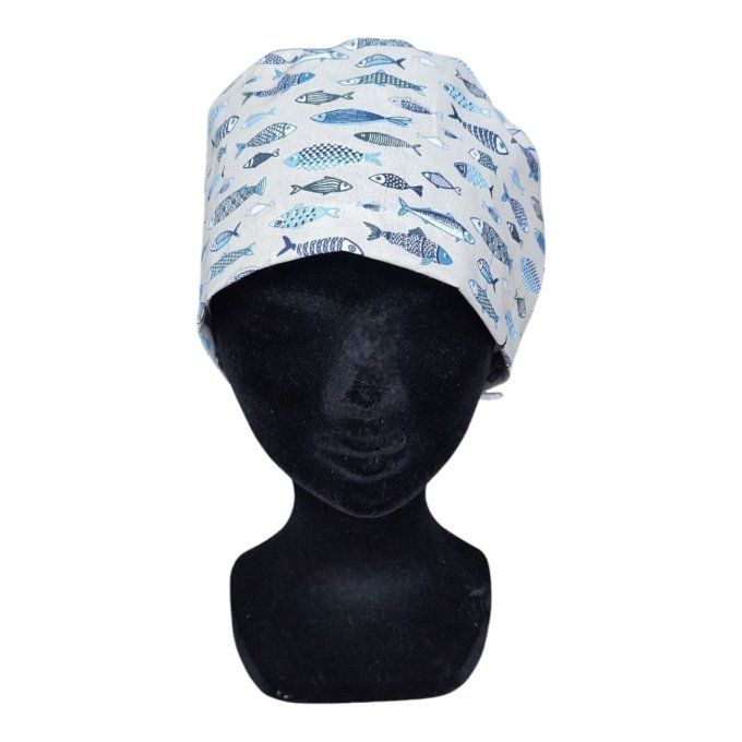 une ribambelle de petits poissons bleus et gris nageant sur un fond beige clair, pour une touche zen