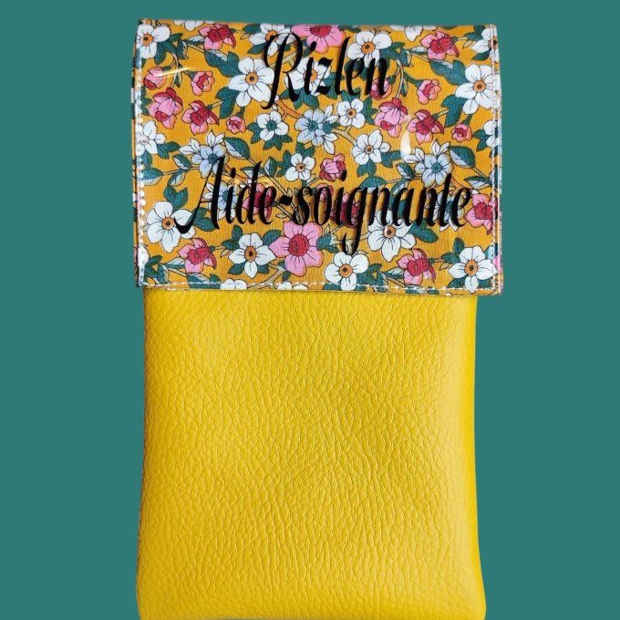 Pochette aimantée fond jaune et fleurs rose et verte