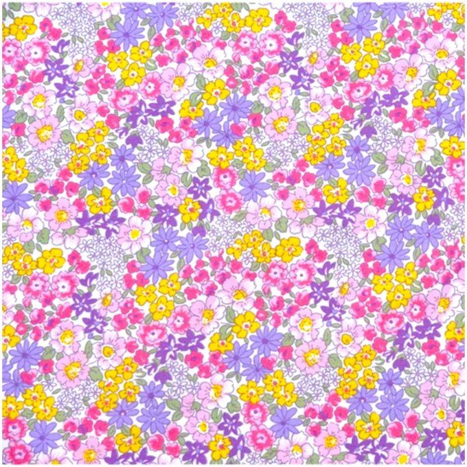 tissu fleurs jaune rose et violet