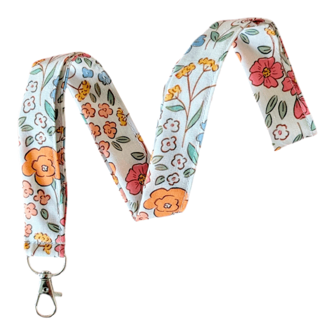 Tour de cou Rhodonite – tissu fleuri pêche rose jaune fond blanc – cousu main Normandie